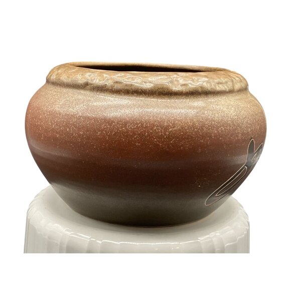 Vintage Brown Ceramic Pot Planter Asian Script "As One Wishes" 4"H x 6.5"W - Picture 2 of 7